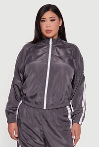 Womens Plus O Ring Zip Nylon Track Jacket with Contrast Trim, Grey,