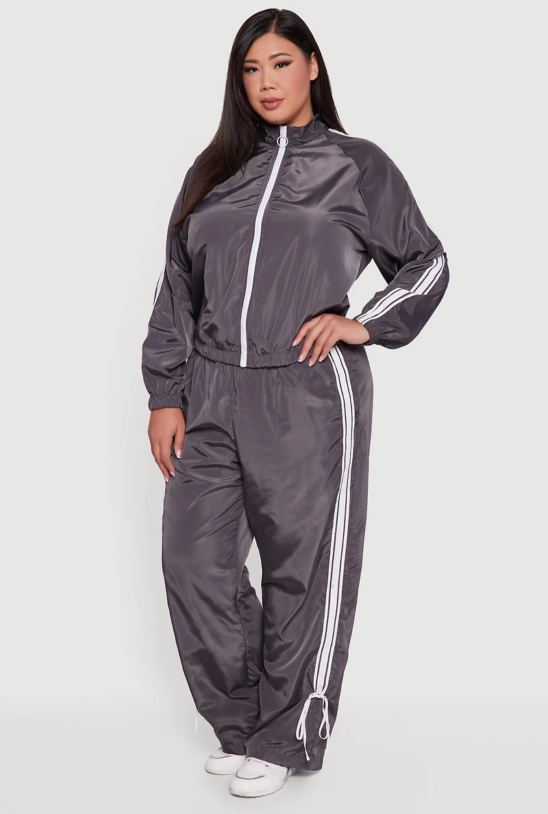 Womens Plus O Ring Zip Nylon Track Jacket with Contrast Trim, Grey,