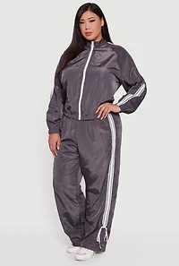 Womens Plus O Ring Zip Nylon Track Jacket with Contrast Trim, Grey,