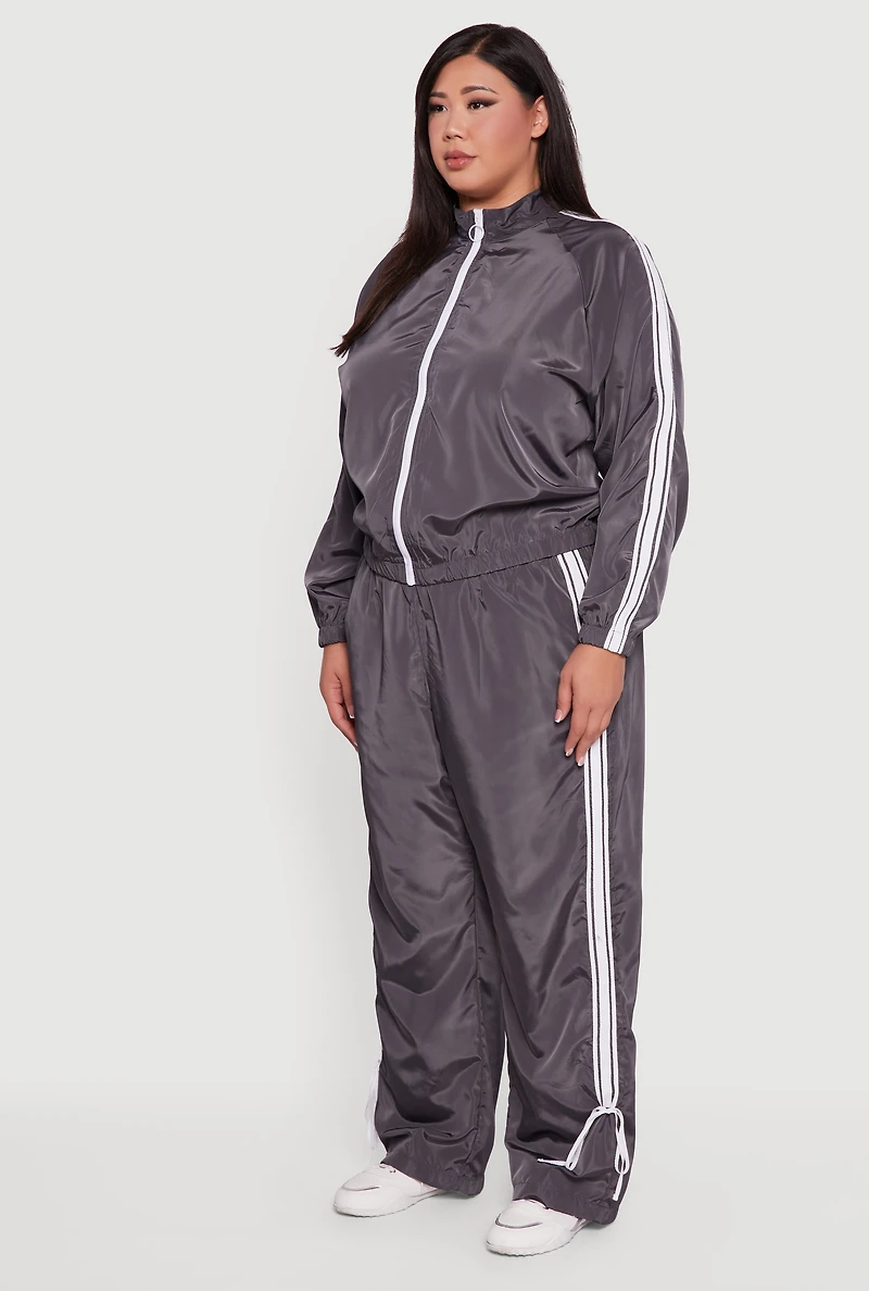 Womens Plus O Ring Zip Nylon Track Jacket with Contrast Trim, Grey,