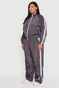 Womens Plus O Ring Zip Nylon Track Jacket with Contrast Trim, Grey,