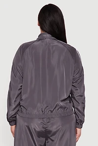 Womens Plus O Ring Zip Nylon Track Jacket with Contrast Trim, Grey,