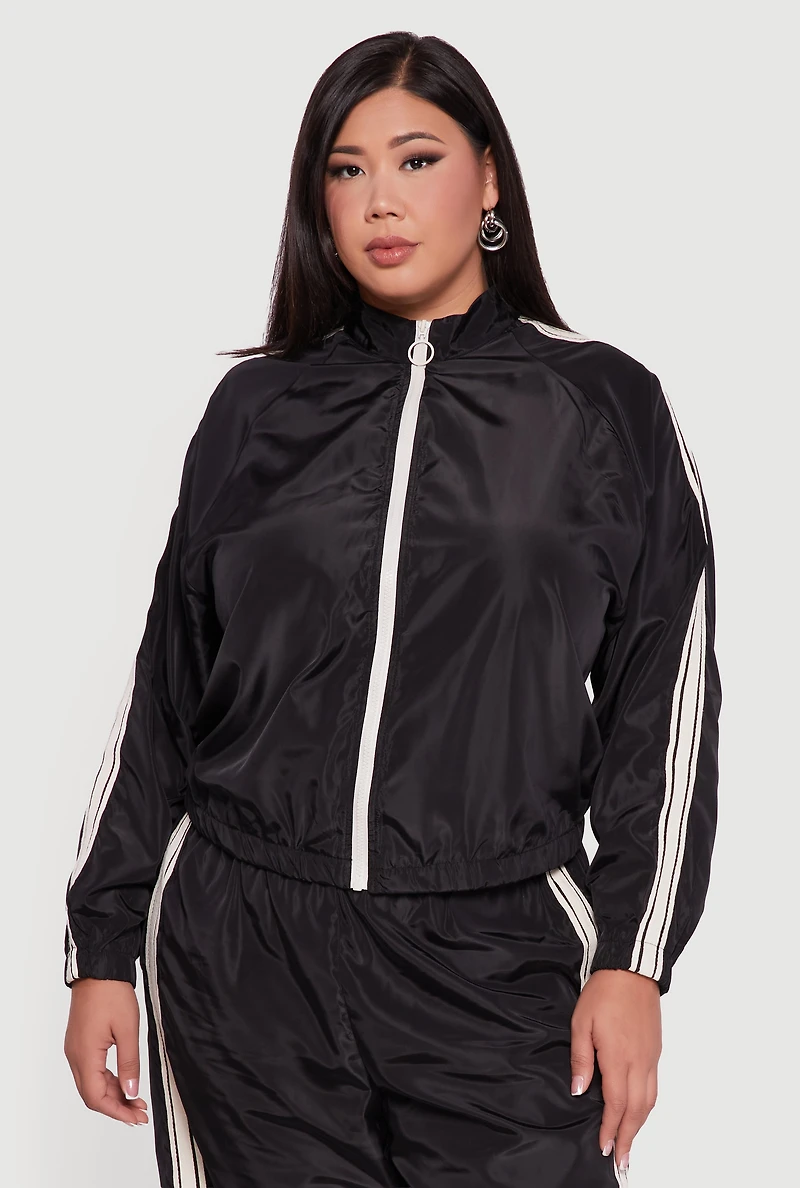 Womens Plus Size O Ring Zip Nylon Track Jacket with Contrast Trim, Black, Size 3X