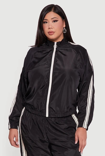 Womens Plus Size O Ring Zip Nylon Track Jacket with Contrast Trim, Black, Size 3X
