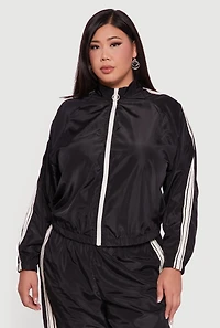 Womens Plus Size O Ring Zip Nylon Track Jacket with Contrast Trim, Black, Size 3X