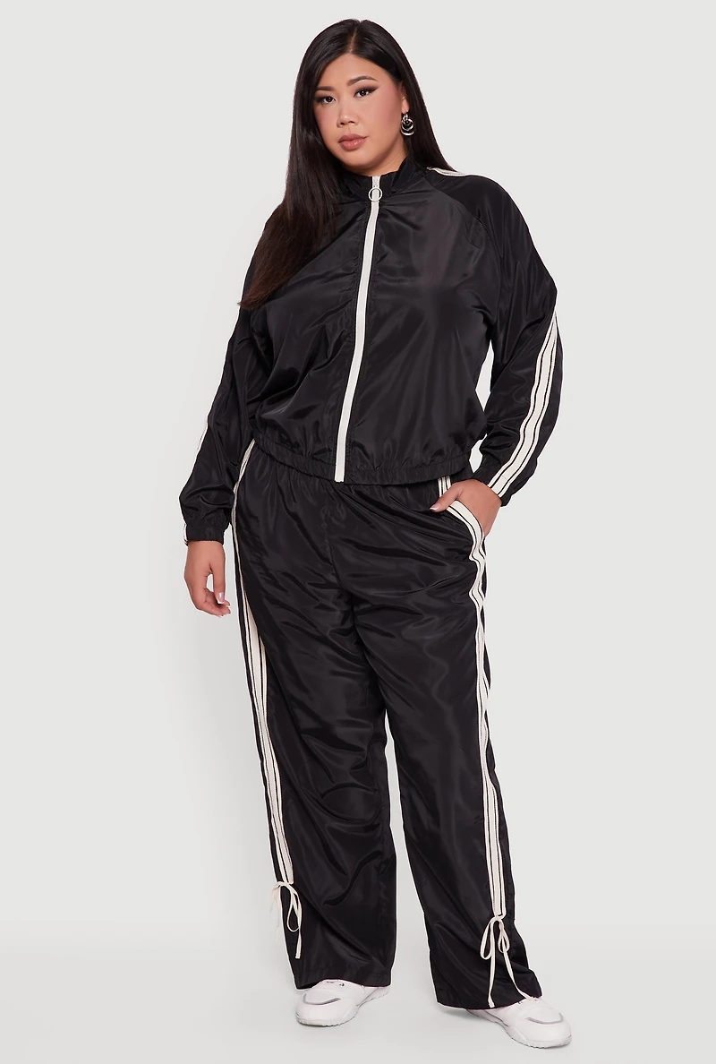 Womens Plus Size O Ring Zip Nylon Track Jacket with Contrast Trim, Black, Size 3X