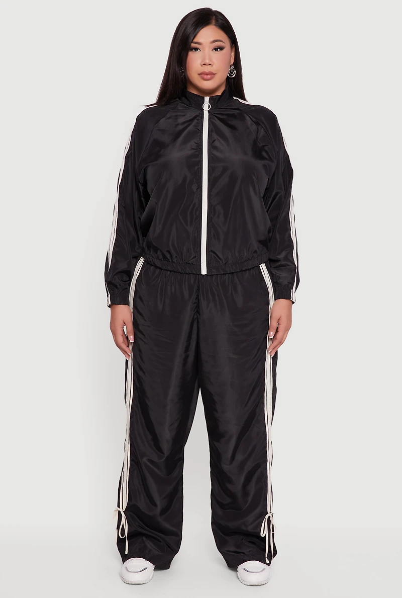 Womens Plus Size O Ring Zip Nylon Track Jacket with Contrast Trim, Black, Size 3X