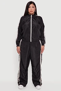 Womens Plus Size O Ring Zip Nylon Track Jacket with Contrast Trim, Black, Size 3X