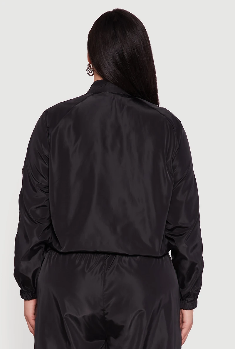 Womens Plus Size O Ring Zip Nylon Track Jacket with Contrast Trim, Black, Size 3X