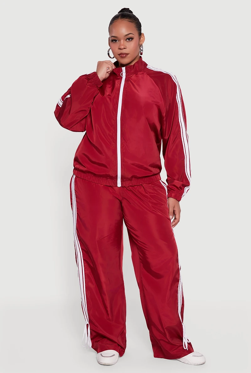 Womens Plus Size O Ring Zip Nylon Track Jacket with Contrast Trim, Red, Size 1X