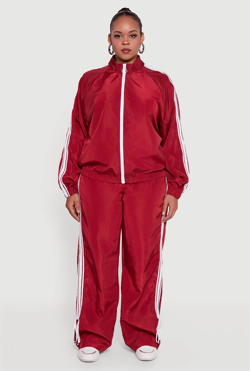 Womens Plus Size O Ring Zip Nylon Track Jacket with Contrast Trim, Red, Size 1X