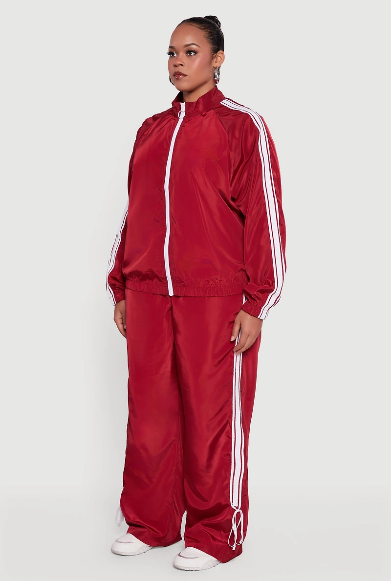 Womens Plus Size O Ring Zip Nylon Track Jacket with Contrast Trim, Red, Size 1X