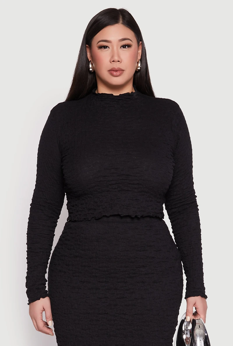 Womens Plus Size Almost Famous Textured Knit Funnel Neck Top, Black, Size 2X