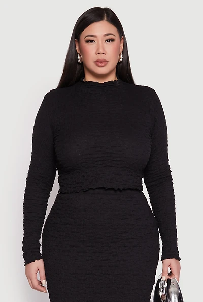 Womens Plus Size Almost Famous Textured Knit Funnel Neck Top, Black, Size 2X