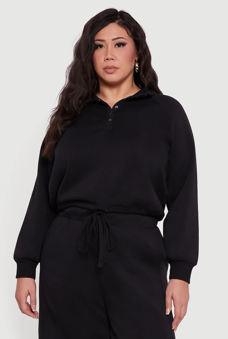 Plus Raglan Sleeve Snap Button Front Sweatshirt