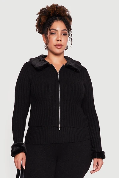 Plus Removable Faux Fur Trim Zip Front Sweater