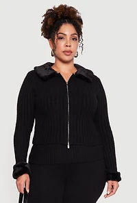 Plus Removable Faux Fur Trim Zip Front Sweater