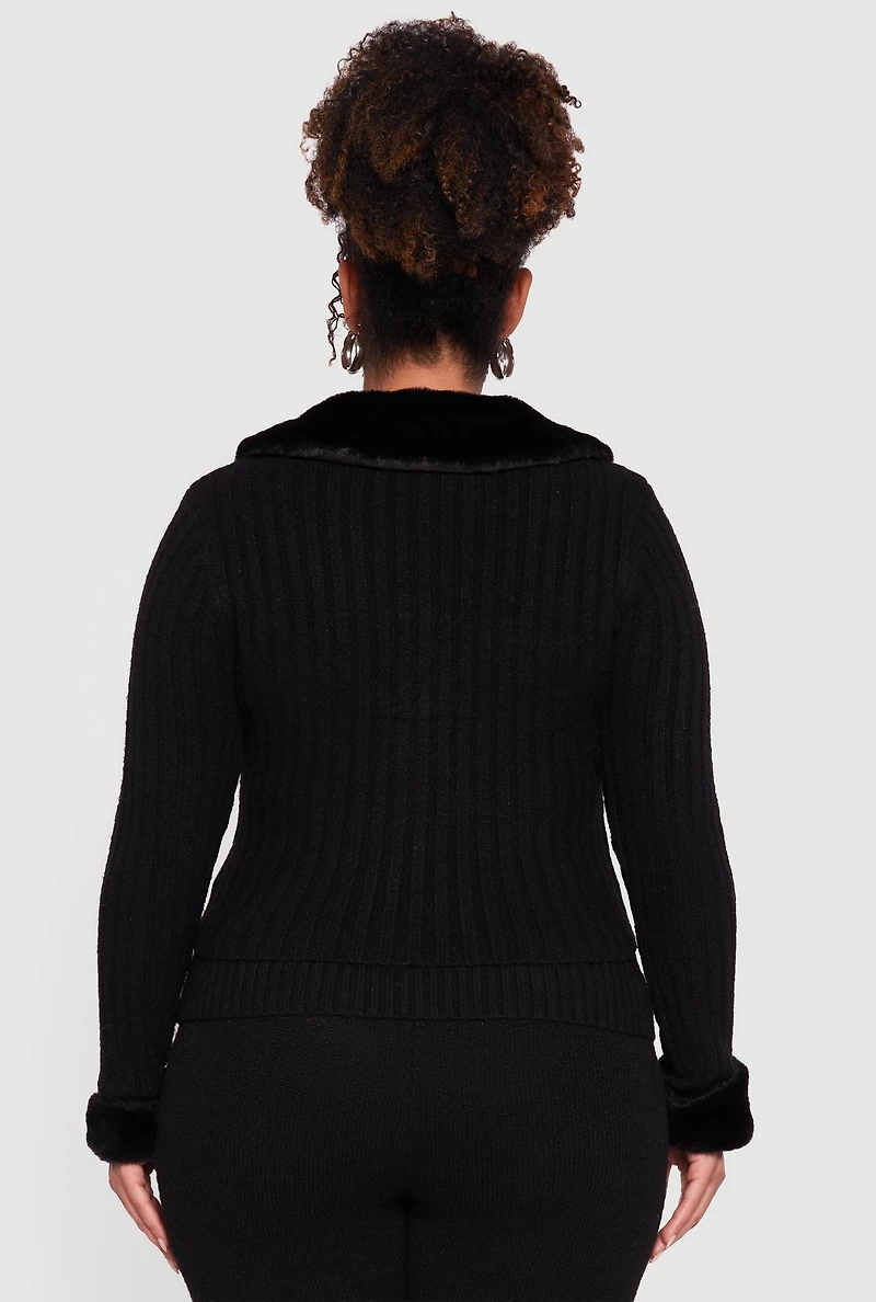 Plus Removable Faux Fur Trim Zip Front Sweater