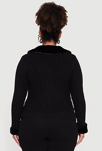 Plus Removable Faux Fur Trim Zip Front Sweater