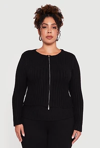 Plus Removable Faux Fur Trim Zip Front Sweater