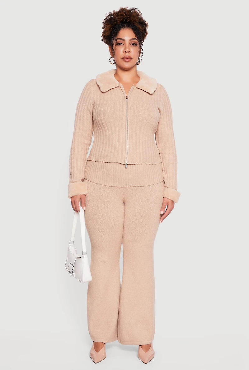 Womens Plus Removable Faux Fur Trim Zip Front Sweater,