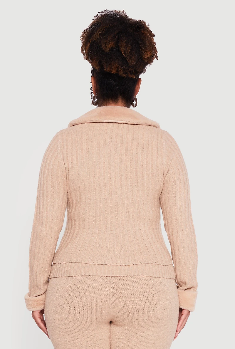 Plus Removable Faux Fur Trim Zip Front Sweater