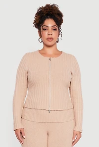 Womens Plus Removable Faux Fur Trim Zip Front Sweater,