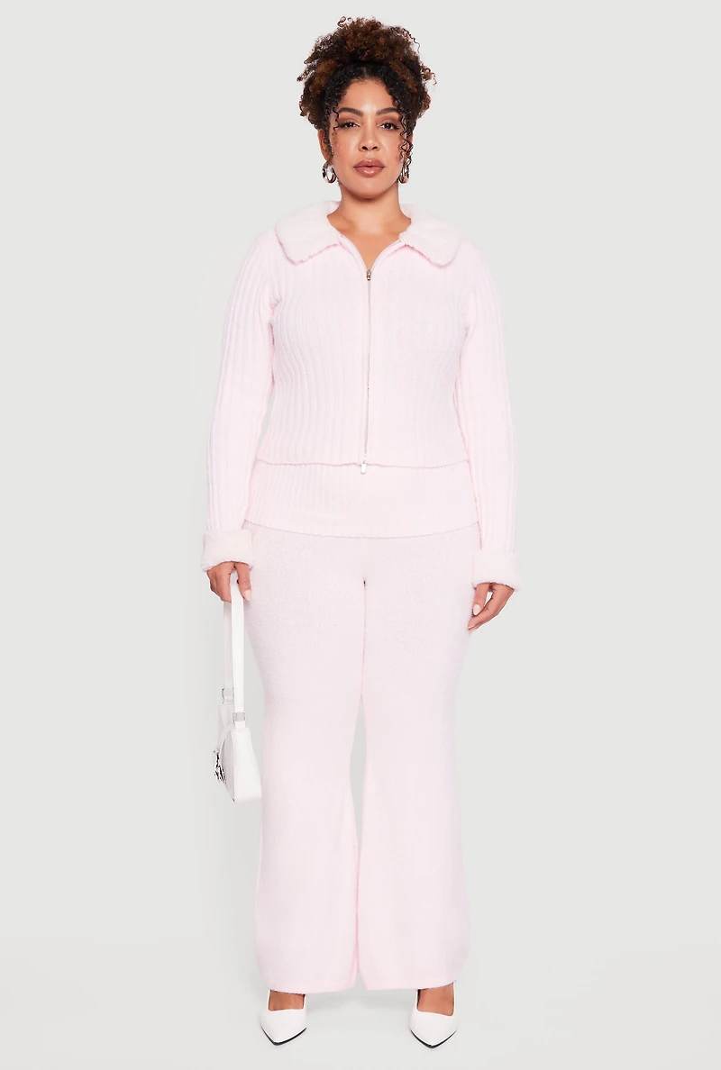 Womens Plus Size Removable Faux Fur Trim Zip Front Sweater, Pink, Size 1X