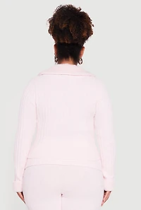 Womens Plus Size Removable Faux Fur Trim Zip Front Sweater, Pink, Size 1X