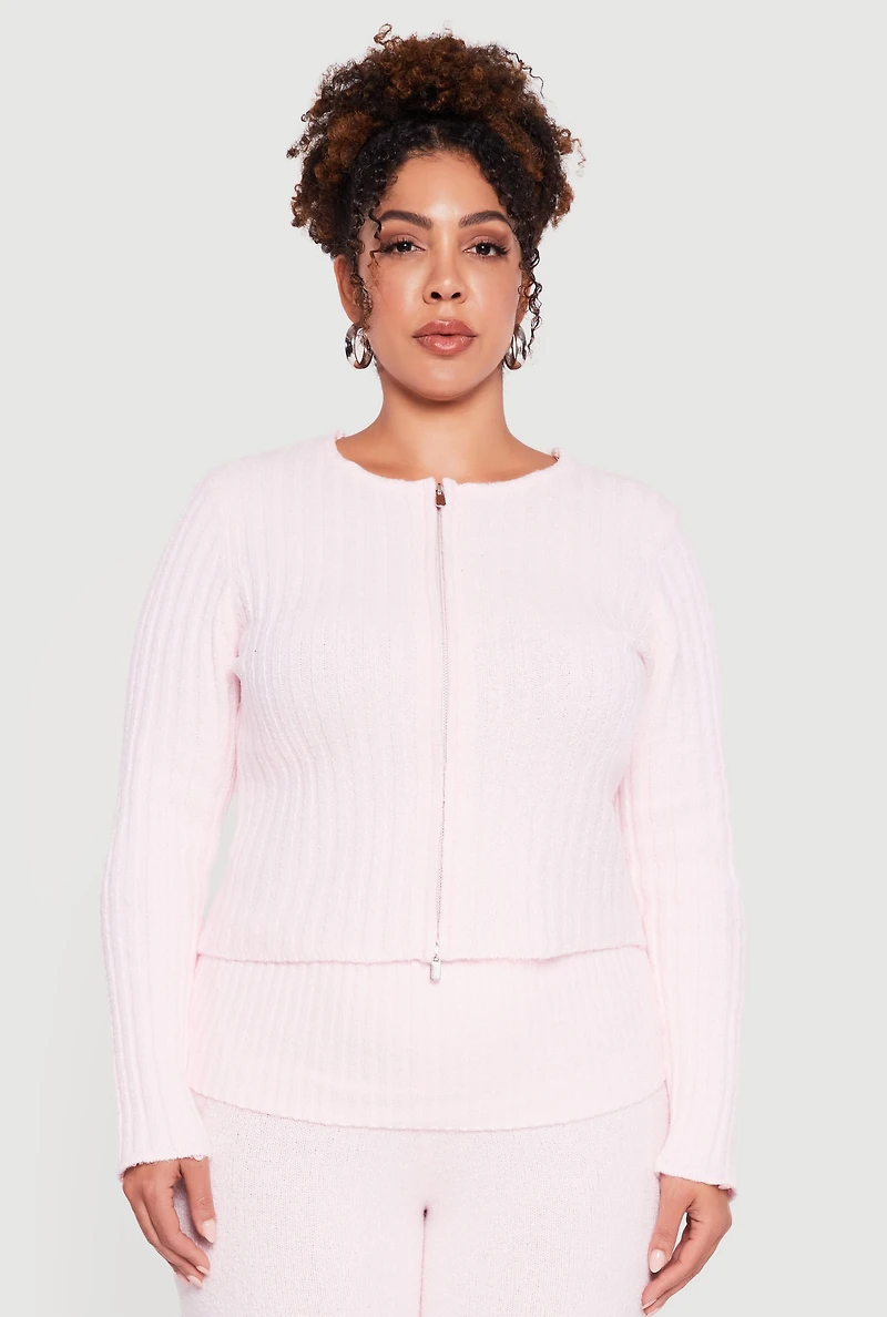 Womens Plus Size Removable Faux Fur Trim Zip Front Sweater, Pink, Size 1X