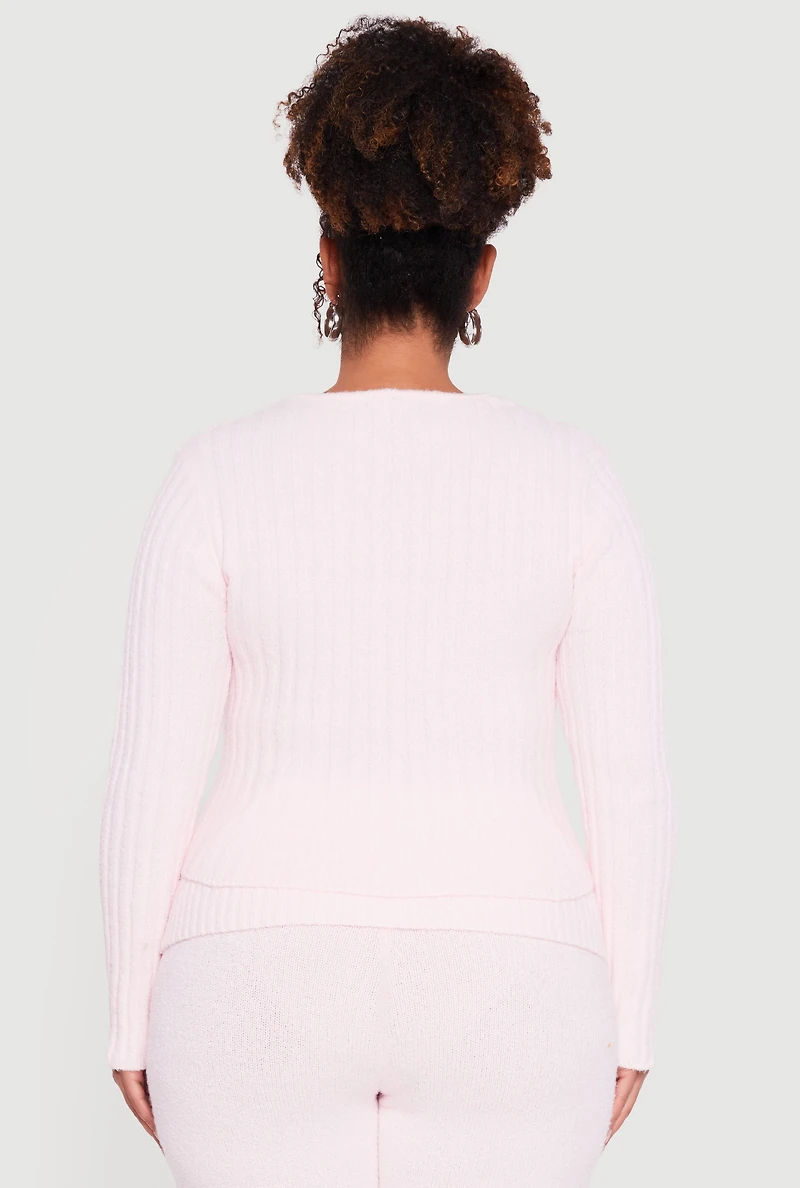 Womens Plus Size Removable Faux Fur Trim Zip Front Sweater, Pink, Size 1X