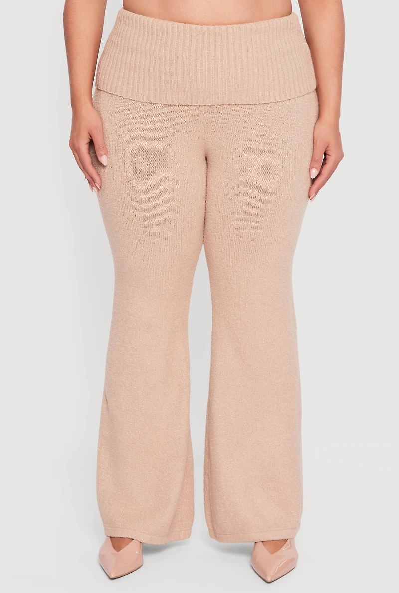 Plus Fold Over High Waisted Flare Leg Sweater Pants
