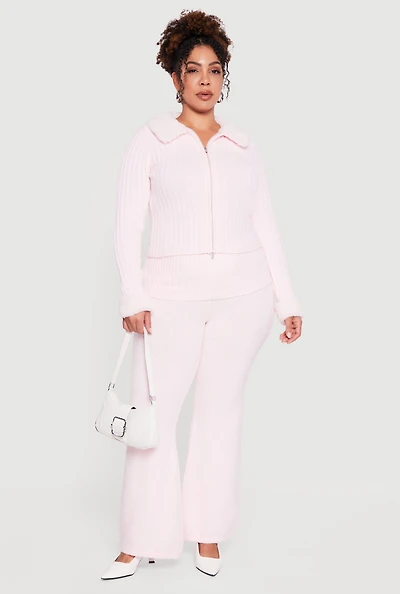 Plus Fold Over High Waisted Flare Leg Sweater Pants