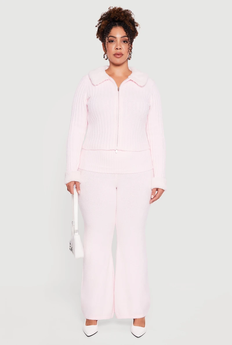 Plus Fold Over High Waisted Flare Leg Sweater Pants