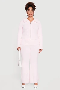 Plus Fold Over High Waisted Flare Leg Sweater Pants