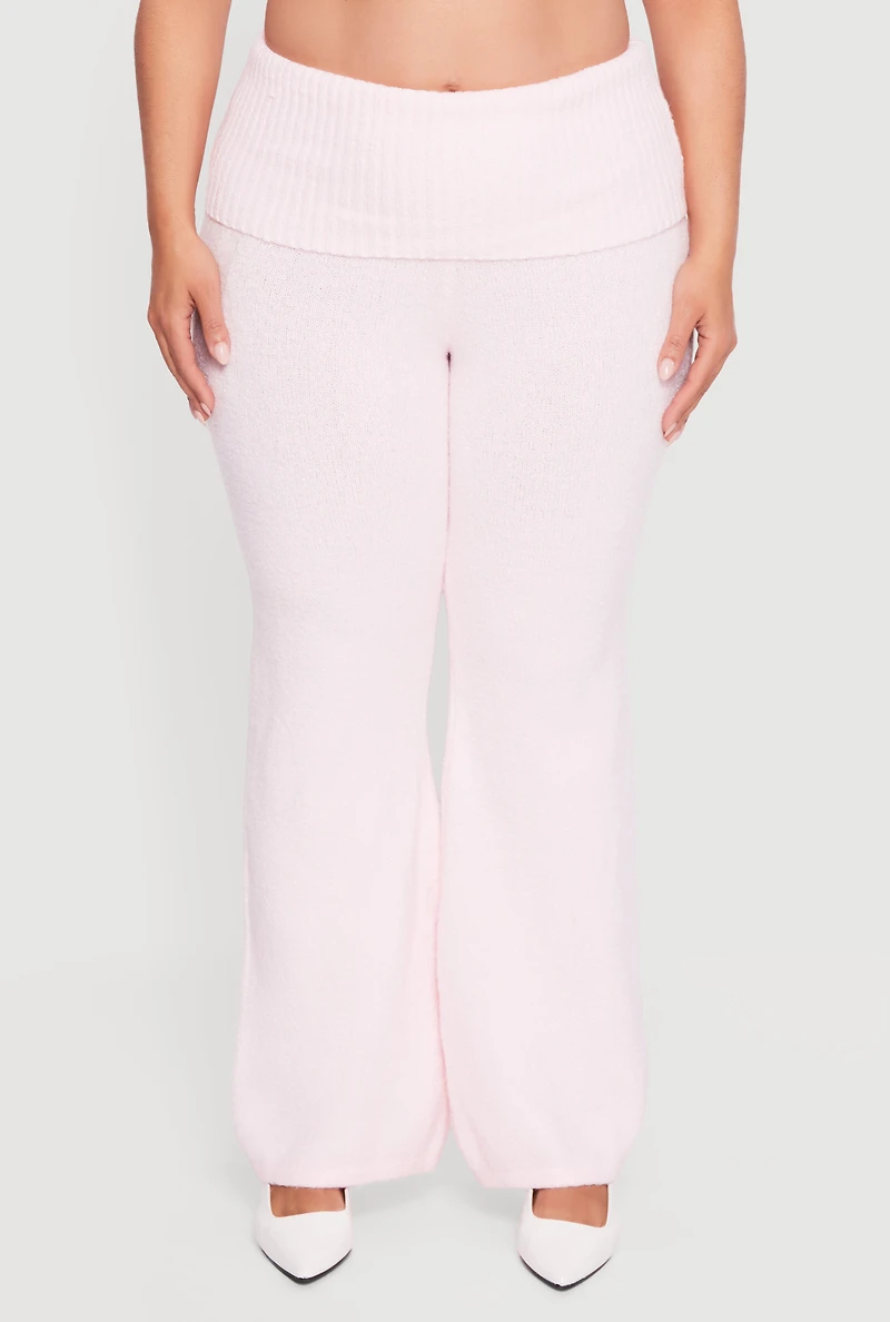 Plus Fold Over High Waisted Flare Leg Sweater Pants