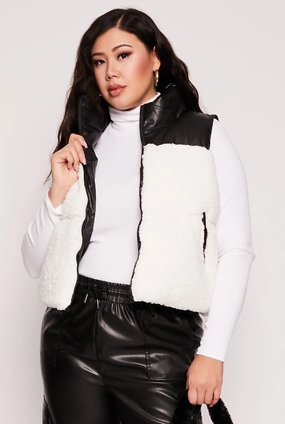 Womens Plus Size Almost Famous Sherpa Puffer Vest, White, Size 1X