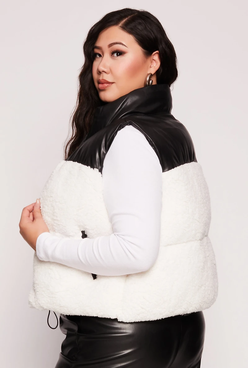 Womens Plus Size Almost Famous Sherpa Puffer Vest, White, Size 1X