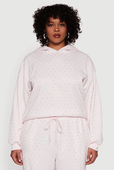 Womens Plus Size Rhinestone Studded Pullover Hoodie, Pink, Size 2X