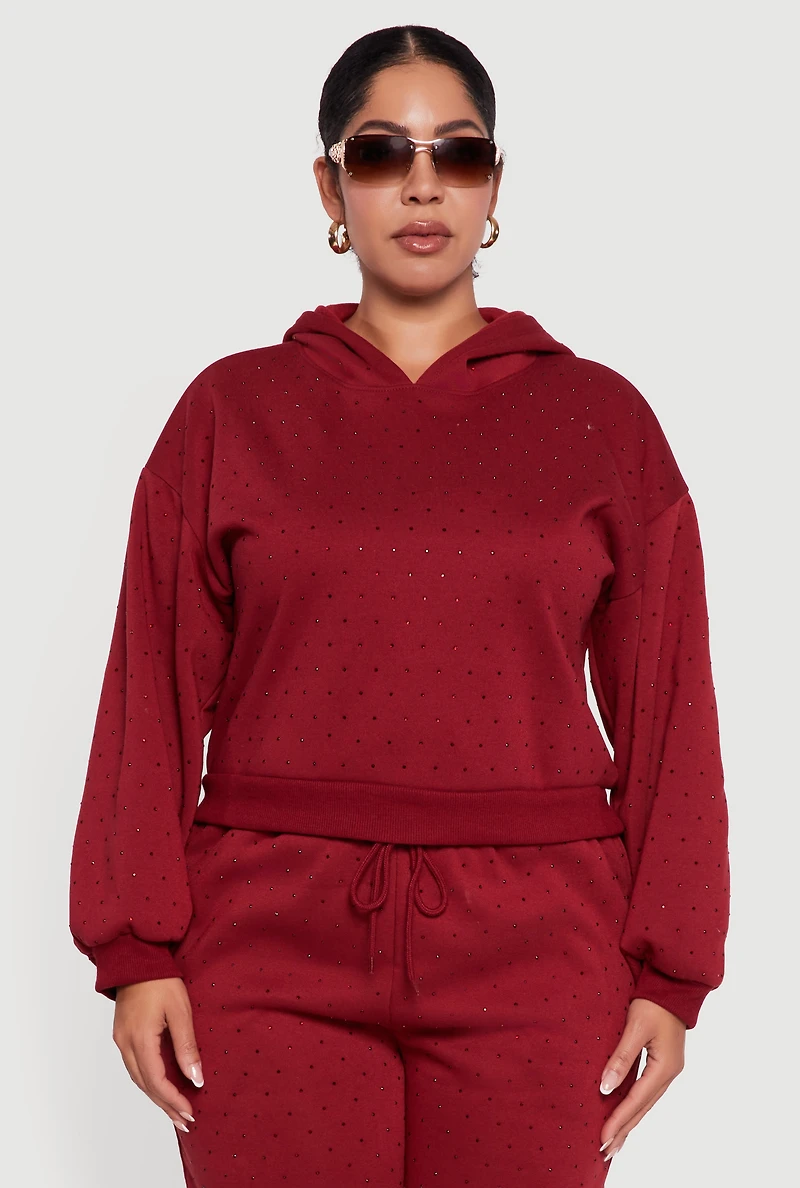 Womens Plus Rhinestone Studded Pullover Hoodie, 1X