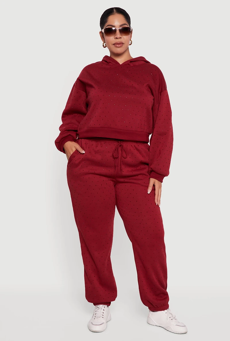Womens Plus Size Rhinestone Studded Pullover Hoodie, Burgundy, Size 1X