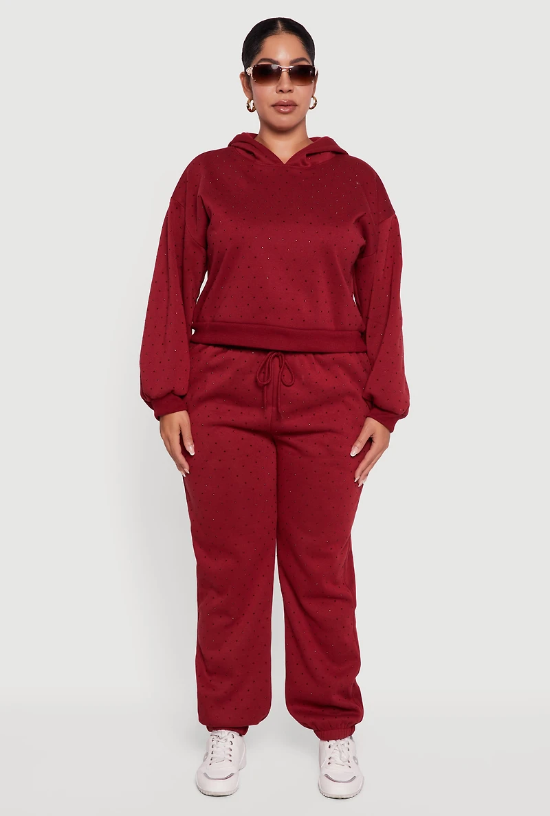 Womens Plus Size Rhinestone Studded Pullover Hoodie, Burgundy, Size 1X