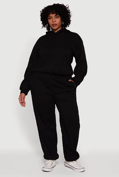 Womens Plus Size Rhinestone Studded Drawstring Waist Sweatpants, Black, Size 3X