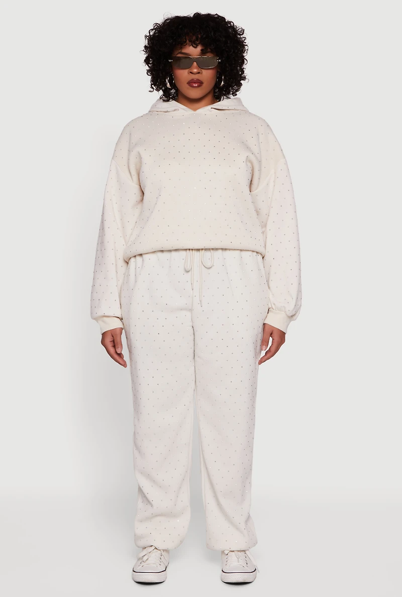 Womens Plus Size Rhinestone Studded Drawstring Waist Sweatpants, Beige, Size 1X