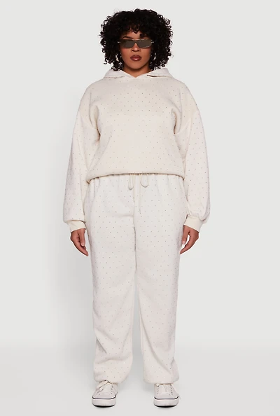 Womens Plus Size Rhinestone Studded Drawstring Waist Sweatpants, Beige, Size 1X