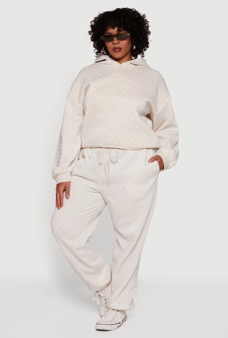 Plus Rhinestone Studded Drawstring Waist Sweatpants