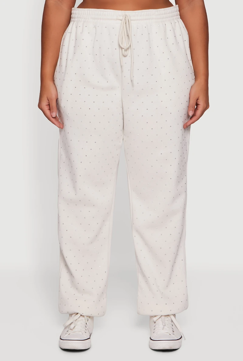 Womens Plus Size Rhinestone Studded Drawstring Waist Sweatpants, Beige, Size 1X