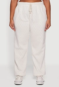 Womens Plus Size Rhinestone Studded Drawstring Waist Sweatpants, Beige, Size 1X