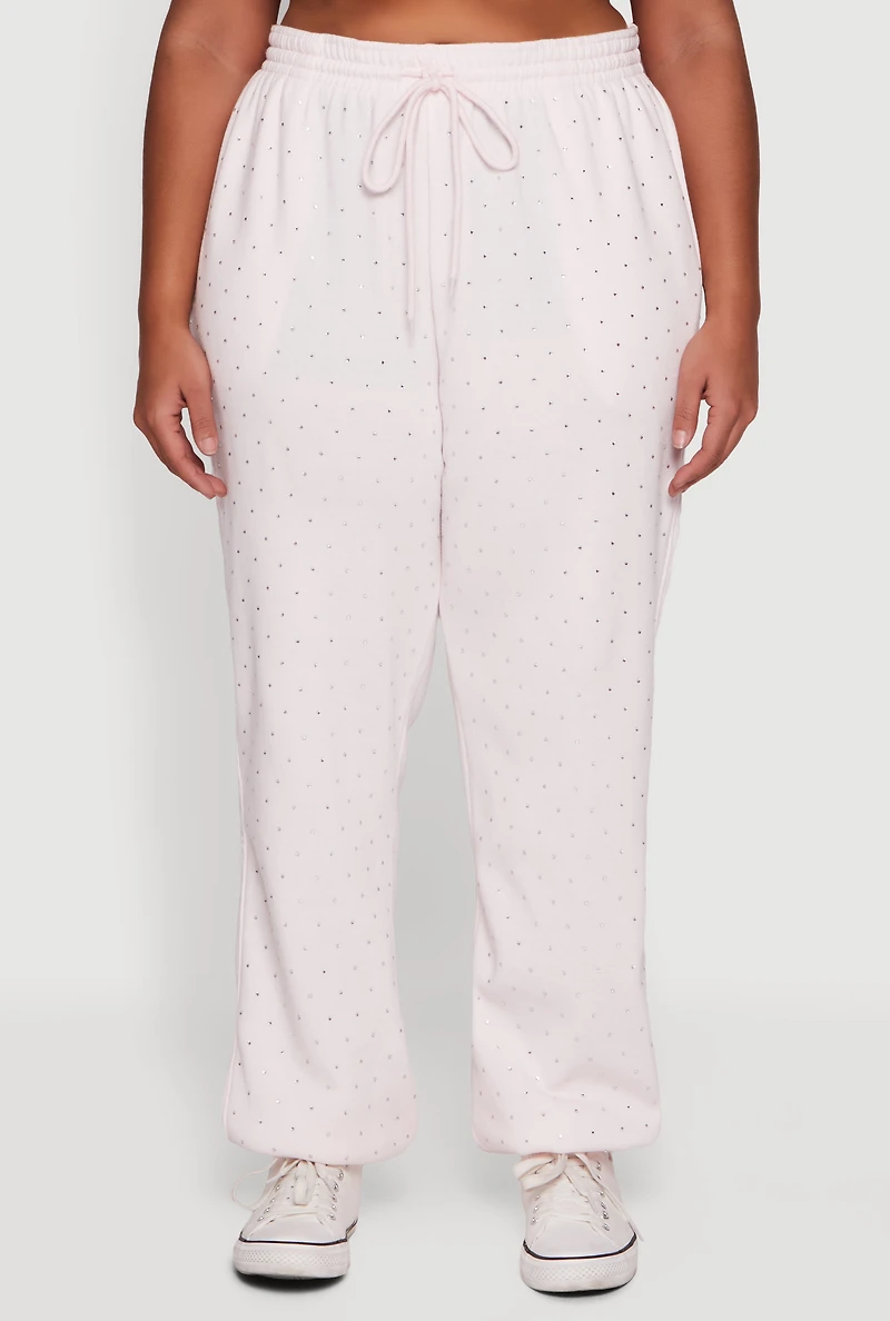 Plus Rhinestone Studded Drawstring Waist Sweatpants