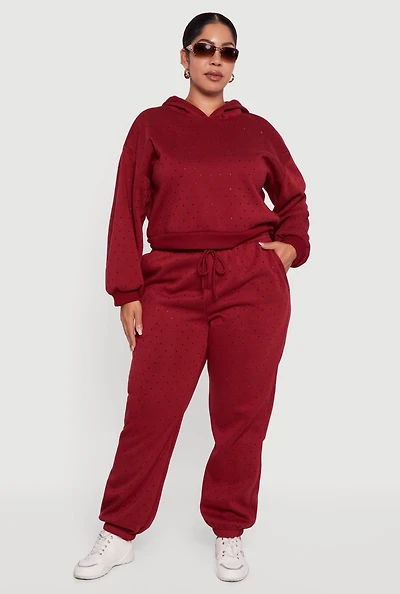 Plus Rhinestone Studded Drawstring Waist Sweatpants